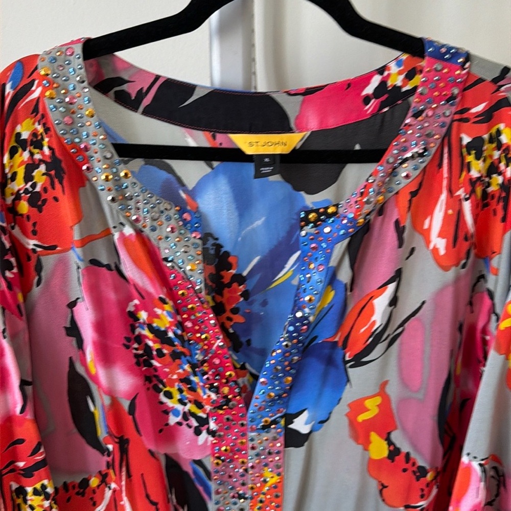 St. John silk blend floral tunic midi dress with rhinestone accents, size XL - Picture 8 of 12